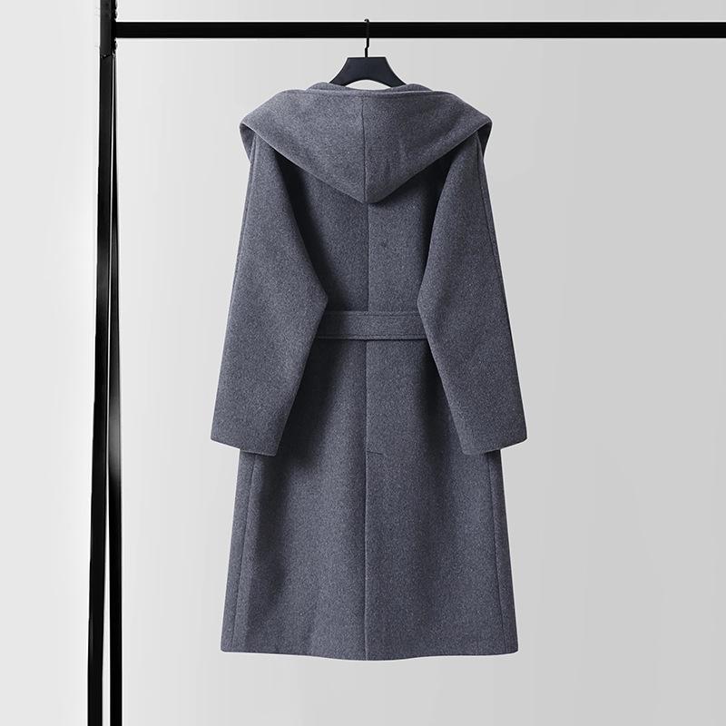 Winter Wool Cashmere Hooded Bathrobe: Long, Cozy, Belted Outerwear Coat Without Buttons