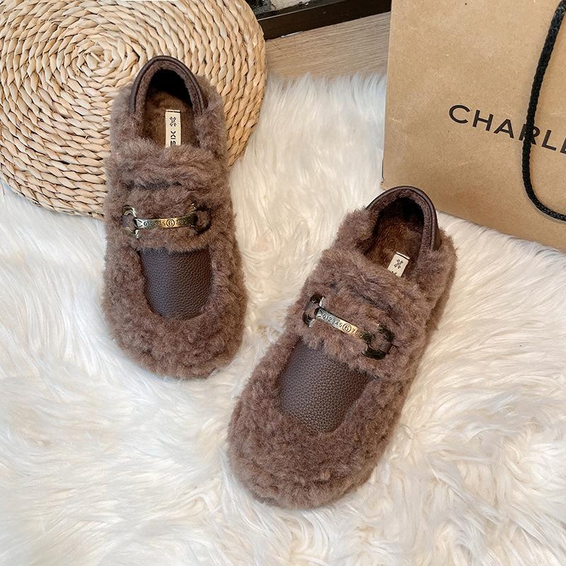 French Mary Jane fluffy shoes for women's outer wear 2025 winter new velvet warm one pedal Doudou loafer cotton shoes