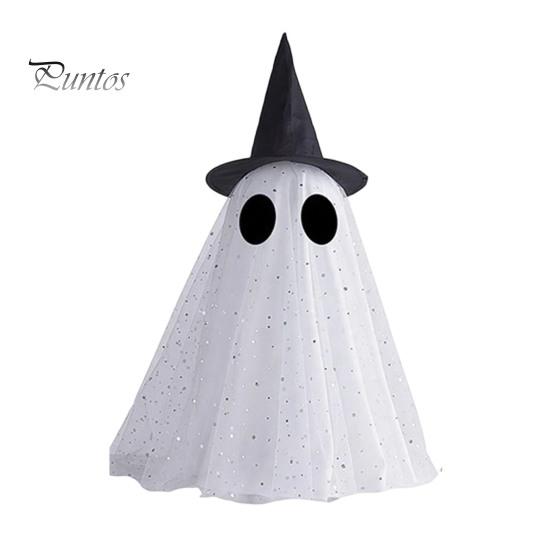 Versatile Holiday Window Display Halloween Ghost Decor, Spooky Sequin Mesh Fabric with Witch Hat/Bow, Healing Style Decor Small Standing Tabletop