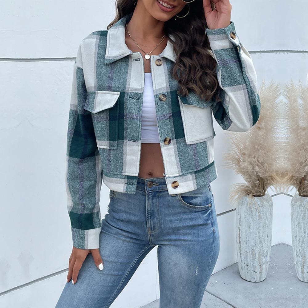 Women's Point Collar Long Sleeve Shacket Loose Fit Retro Fashion Plaid Jacket