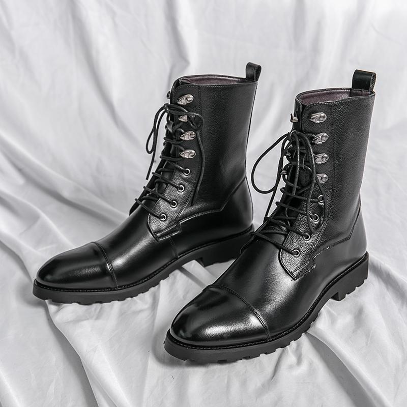 Men New Chelsea Ankle Boots Handsome Lace Up Motorcycle Shoes Net Red Thick Soled Casual Round Toe Boots