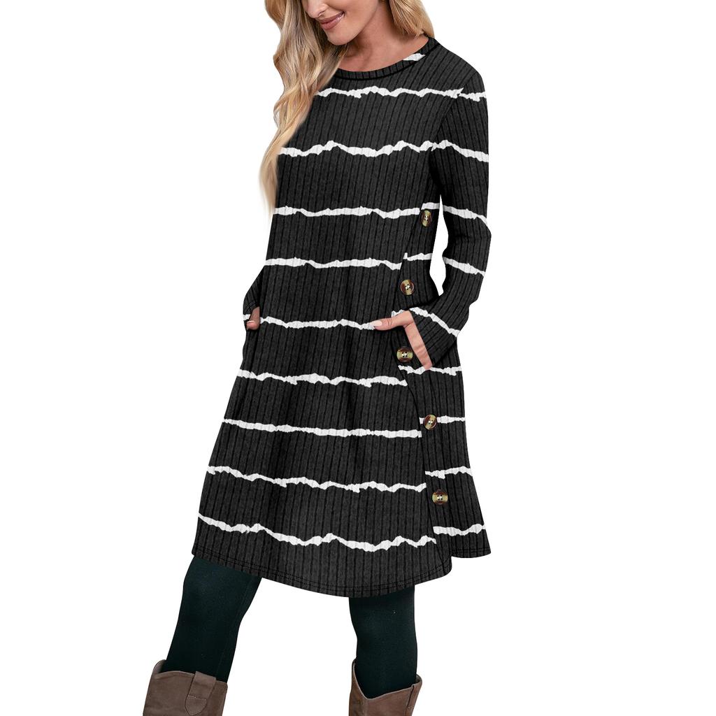 Women's Fashion Casual Long SleeveTunic Dress With Pockets Side Button Dress