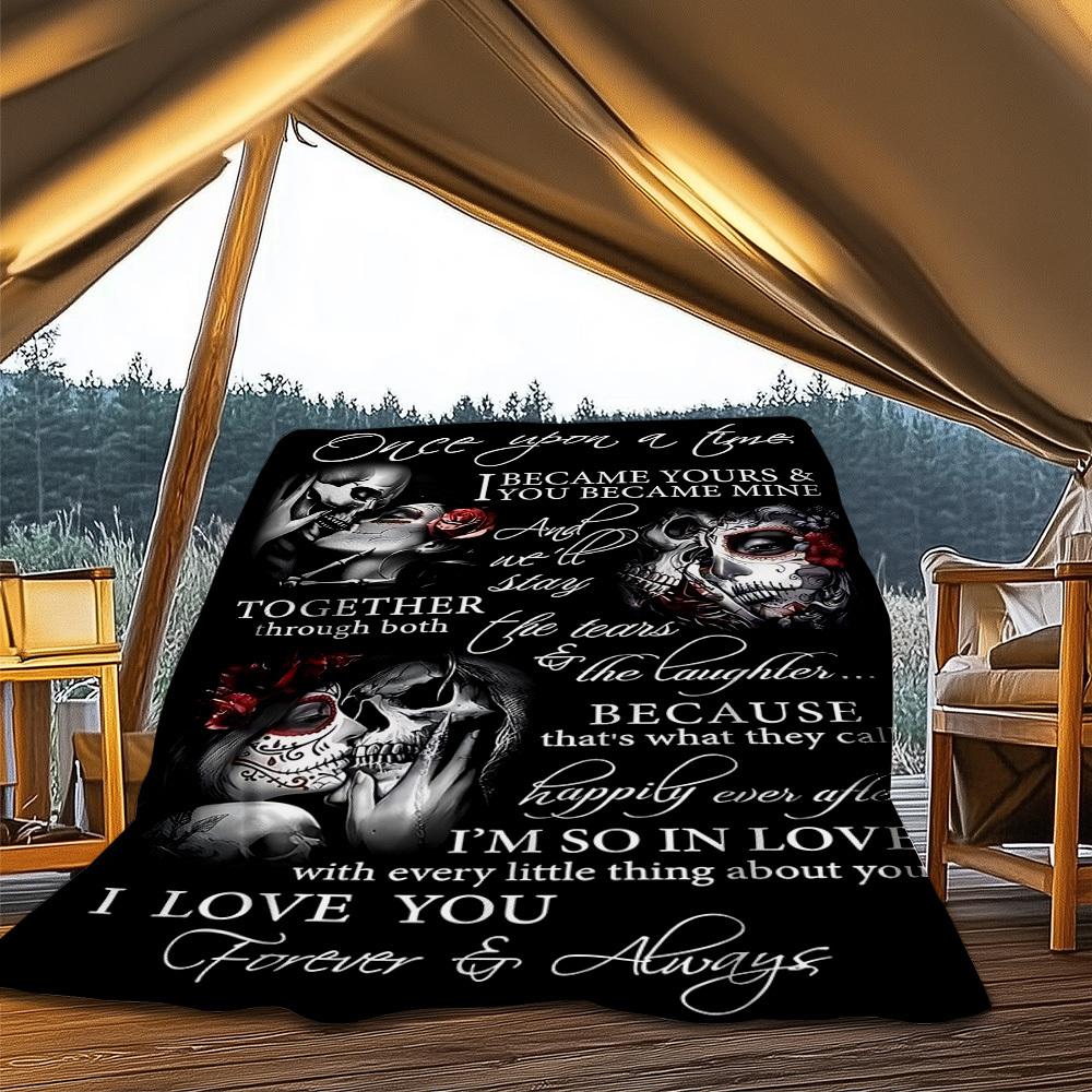 

1pc Skull Couple Love Quote Poster Outdoor Blanket - Lightweight Flannel Throw For Travel, Camping, Gifts For Family Or Friends yy251114267 75x90cm