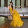 Beautiful yellow v-neck suspender dress for travel and vacation, women's waist and thin swinging seaside dress