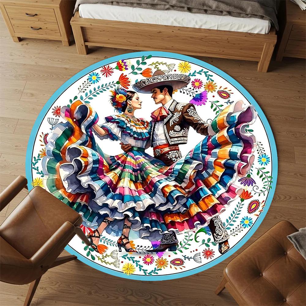 1pc Mexican Dance Floral Round Chair mat Area Rug - Non-Slip, Floor Mat for Office, Bedroom, home decor Christmas Gift-1002337
