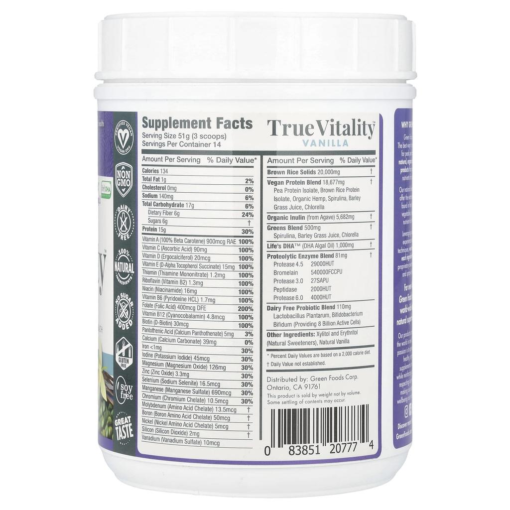 Green Foods, True Vitality, Plant-Based Protein Shake with DHA, Vanilla, 25.2 oz (714 g)