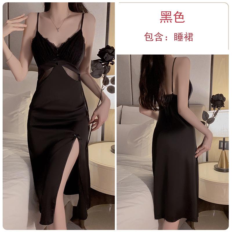 Women's Satin Lace Padded Slit Long Slim Sleep Dress Lounge Wear