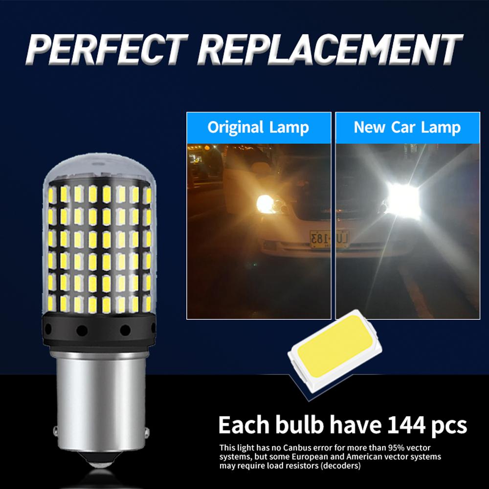 2pcs Car LED 1156 BA15S P21W BAU15S PY21W 1157 BAY15D 7443 LED Bulbs 144SMD CanBus Lamp Reverse Turn Signal Light Bulbs 7