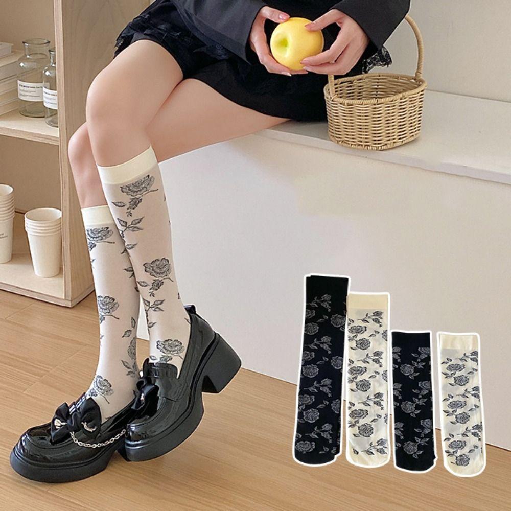 2Pairs Streetwear Retro Rose Stockings Lolita JK Mid Tube Long Socks Sweet Flower Stockings  Summer