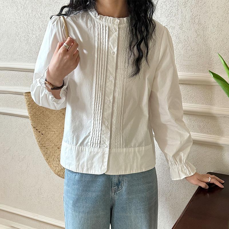 Fungus Collar White Shirt Women's Long-sleeved Spring Organ Pleated Design Top Small Cotton Shirt