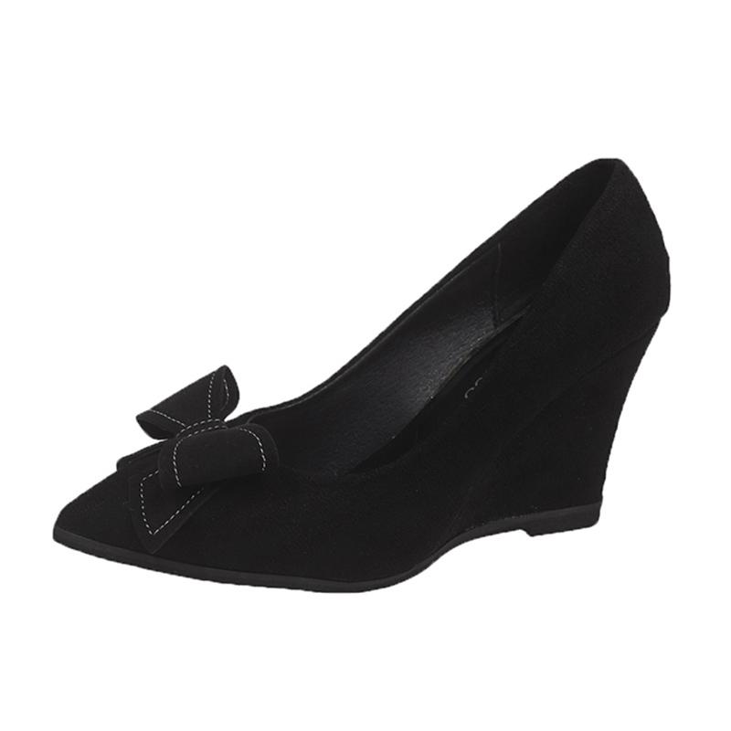 Bow Wedges Women Shallow Shoes Suede Pointed Toe Sexy High Heels Pumps 2025 Trend Winter Dress Party Designer Femme Chaussures