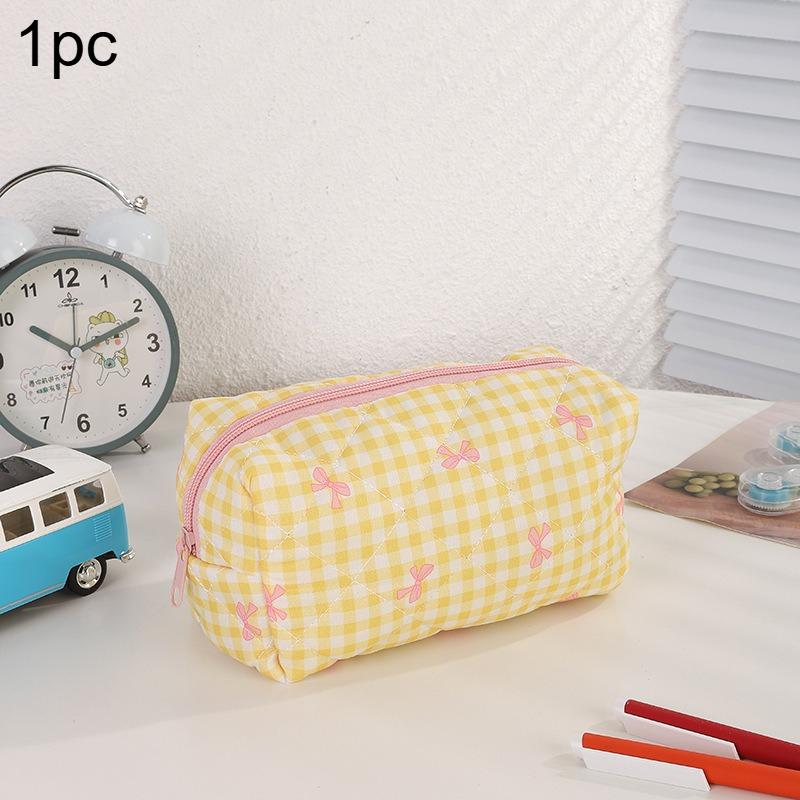 1pc Checkered Pencil Case Pink Bow Pattern Portable Stationery Organizer School Office Desk Essentials Travel Accessories