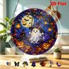 2D Flat Acrylic Puzzle Suncatcher, Stained Glass Style Halloween Ghost On Swing with Pumpkins Night Scene Art, Indoor for Home Ornament. Window, Wall,