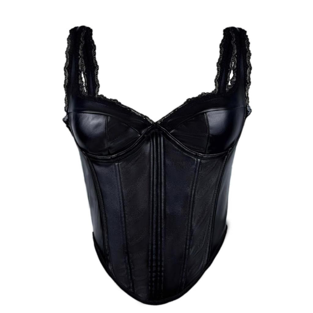 Women's Leather Lace Corset Camisole with Boning for Evening and Party Wear