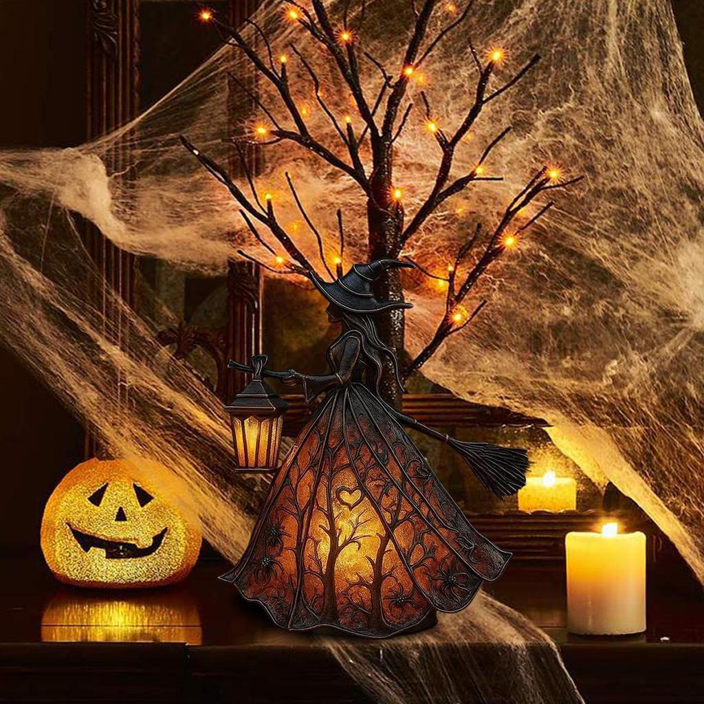 Halloween Witch Lamp Resin Craft Ornaments Halloween Witch Decor Table Centerpiece Home Decoration for Porch Kitchen Lawn