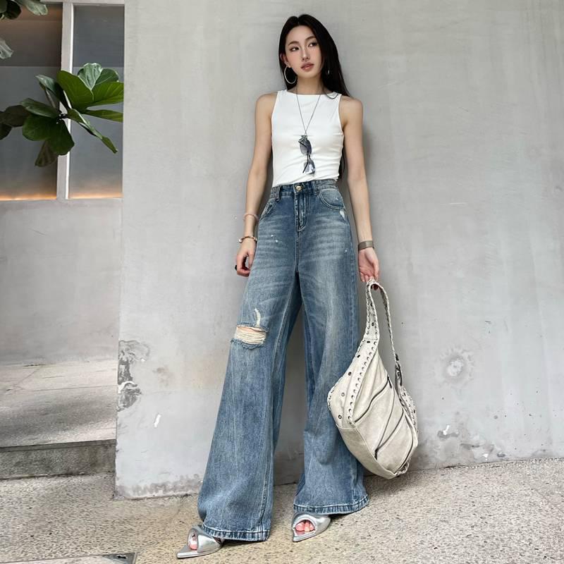 Women s White Washed Ripped Jeans - Retro Wide Leg, Loose Fit Long Casual Pants XL
