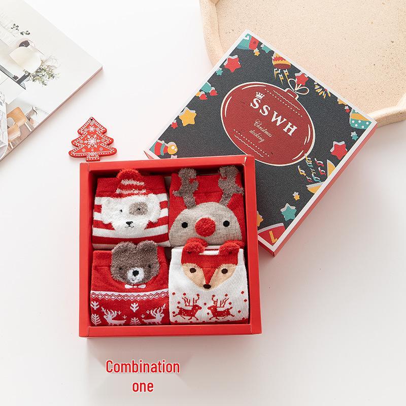 Festive Red Christmas Cartoon Socks Gift Box for Women - Mid-Calf, Cute & Versatile, Autumn/Winter.