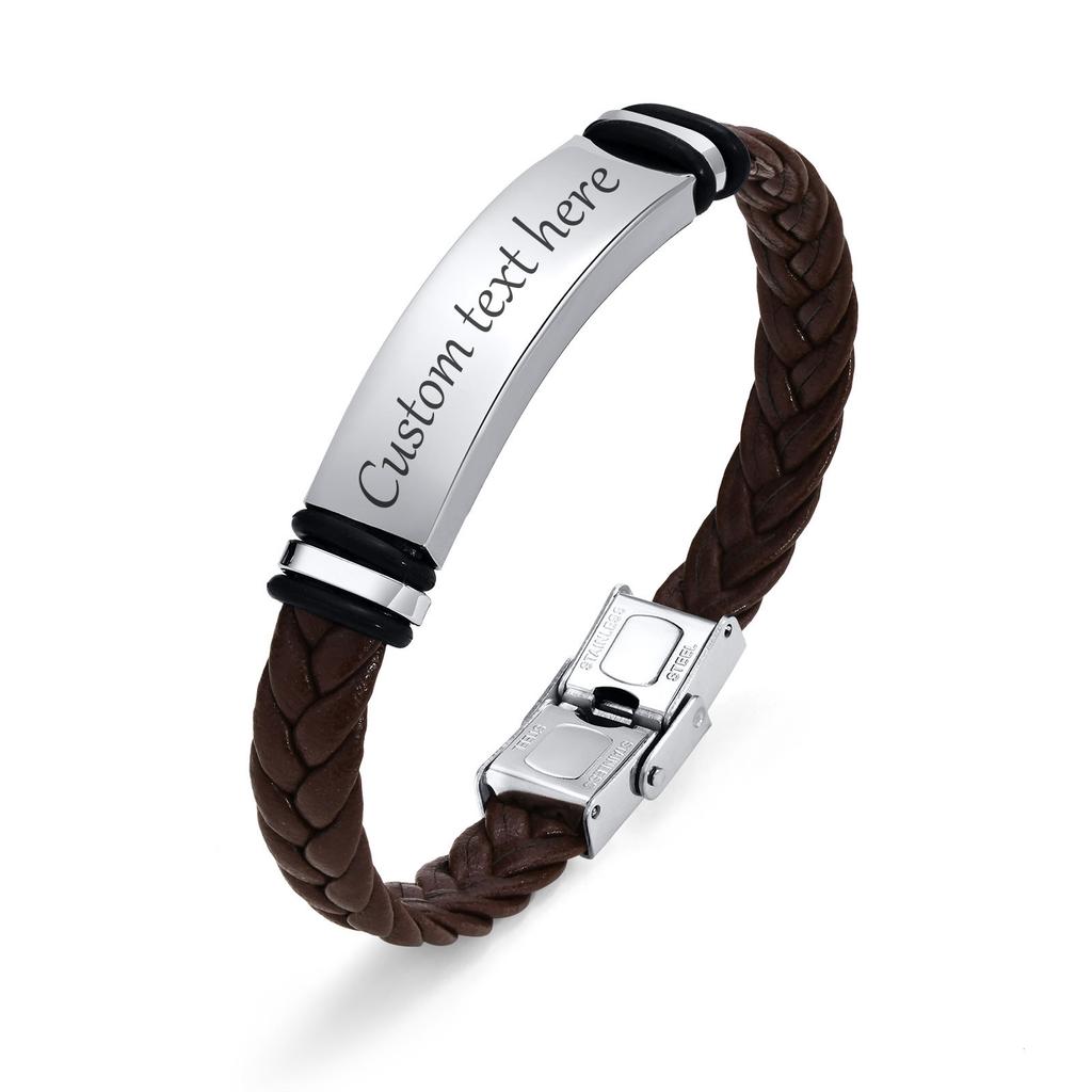 Men's Custom Text Here Leather Bracelets, Engraved Stainless Steel Blank Bar Leathers Bangle, New Simple Name Gift To Him