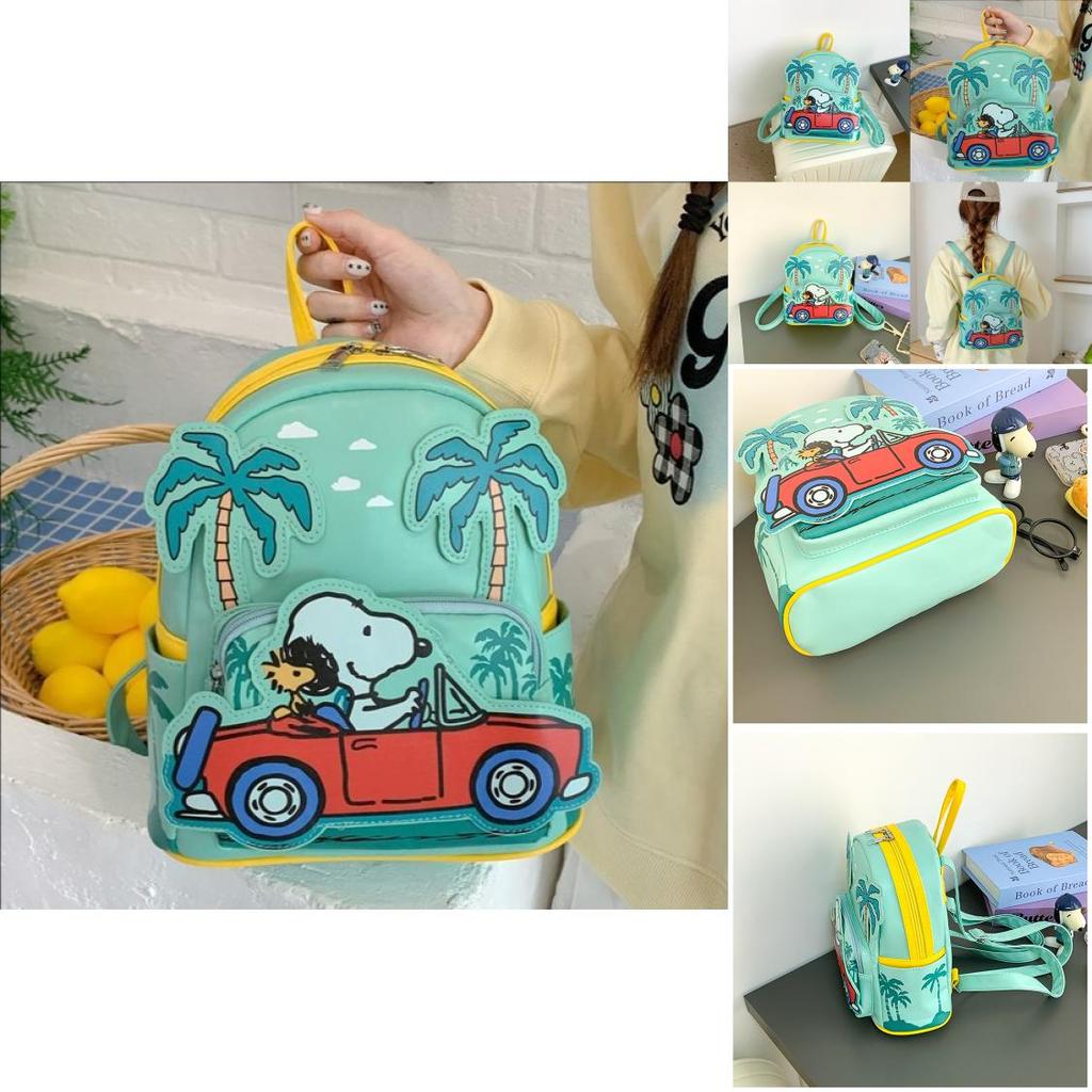 Snoopy Driving A Vehicle Cartoon Pattern Kids Pu Backpack With Padded Interior For Daycare And Outings