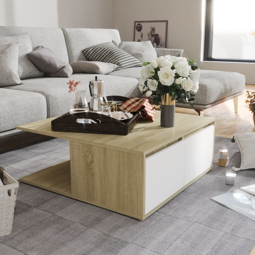 Coffee Table In White and Sonoma Oak 80 X 80 X 31 Cm Engineered Wood