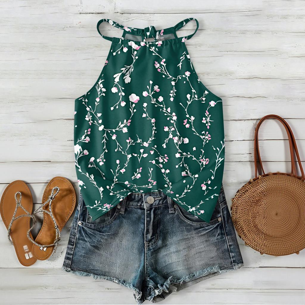 Women Sleeveless Bohemian Floral Print Tank Top Loose Fit Neck Blouse Casual Summer Lightweight Camisole Shirt