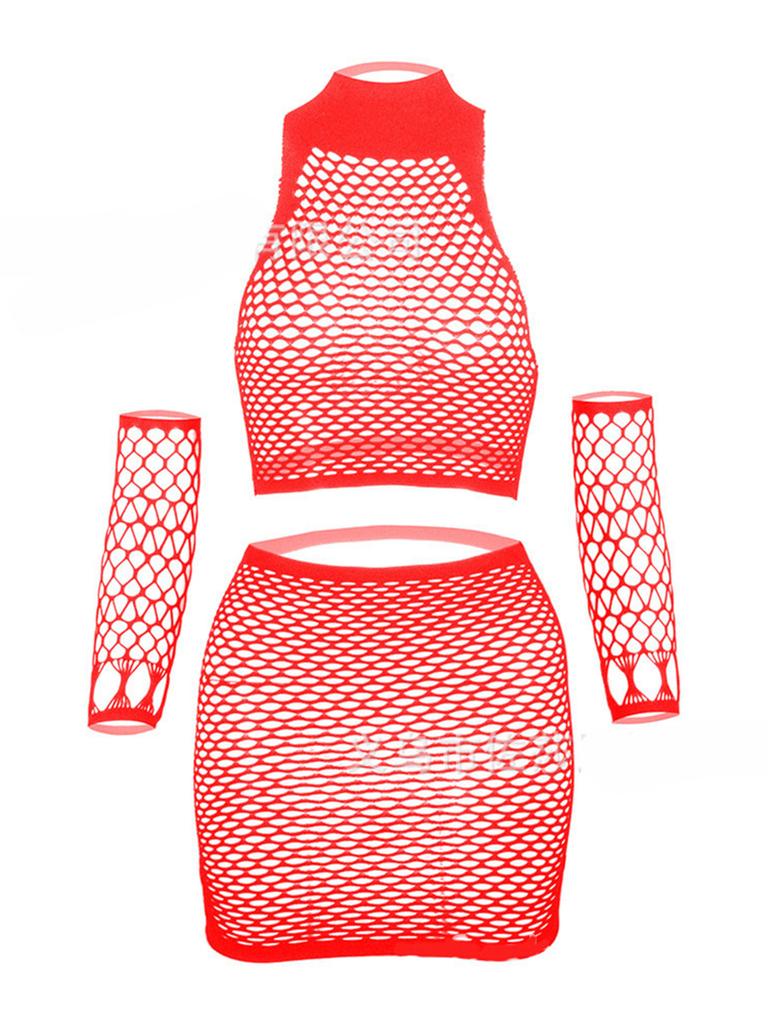4 Pcs Fishnet Lingerie Set With Cuff Elastic Sexy Women Underwear Mesh Body Stocking Erotic Costume