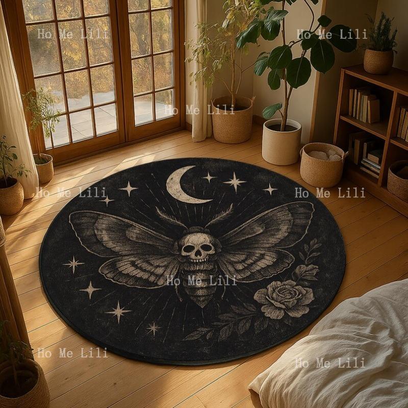 Gothic Death Moth Rug With Moon And Skull Design Witchy Round Carpet Occult Room Decor Dark Aesthetic Floor Mat For Spiritual