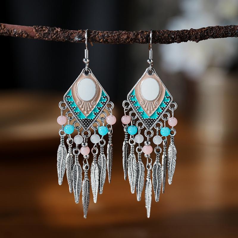 Fashion Vintage Bohemian Leaf Tassel Drop Dangle Earrings For Women Enamel Rhombus Geometric Beads Handmade Boho Earring Zircon