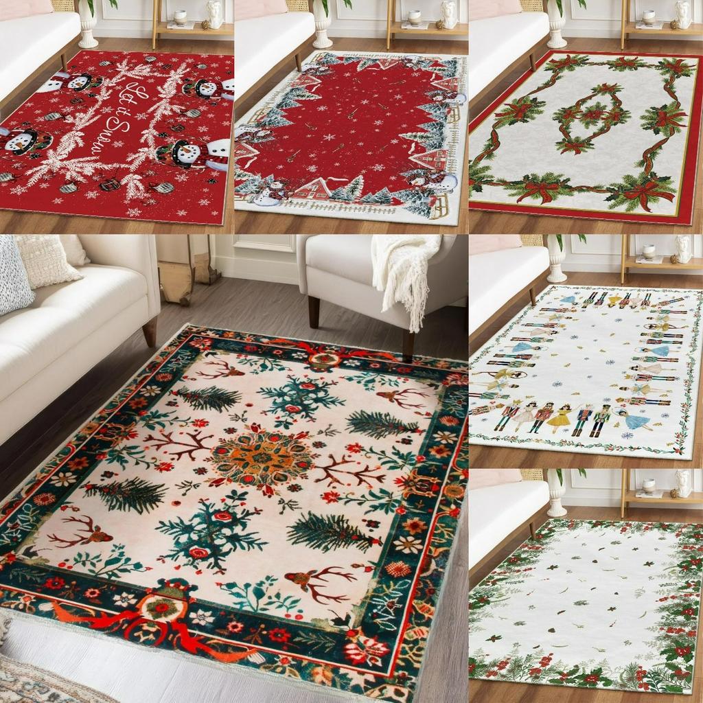 Christmas Carpet Christmas Tree Reindeer Floor Mat Living Room Sofa Decor Rug Bedroom Bedside Rug Washable Holiday Floor Mat