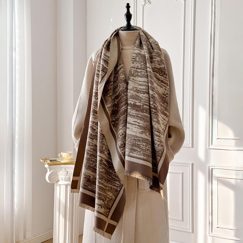 2025 Brand Elegance Two-Sided Print Scarf Soft Warm Fringe Pashmina Shawl Autumn and Winter Outdoor Coldproof Windproof Blanket