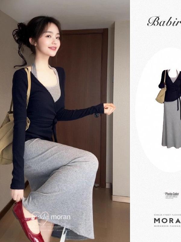 Elegant Women s French Grey Halter Maxi Dress - New 2025 Early Autumn Bodycon Outfit Set XL