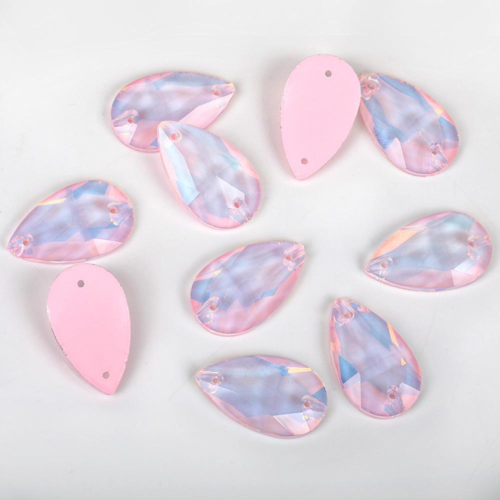 Water Drop Shaped Fluorescent Mocha Protein Glass Flat Buckle Hand Seam Drill, Double Hole Water Diamond Flat Bottom Drill Diy Material Package