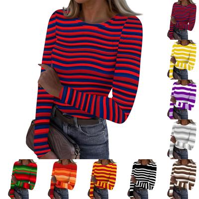 Women's Casual Fashion Round Neck Striped Print Long Sleeve Ribbed Top