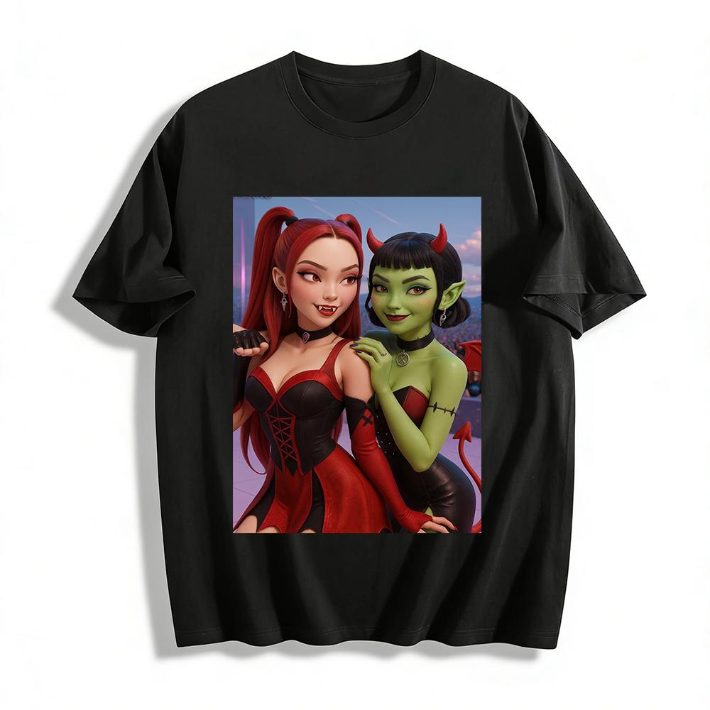 Halloween Dark Style Cartoon Character Print Top Vampire Demon Theme Cool Girl Casual T-Shirt Pure cotton T-shirt XXS