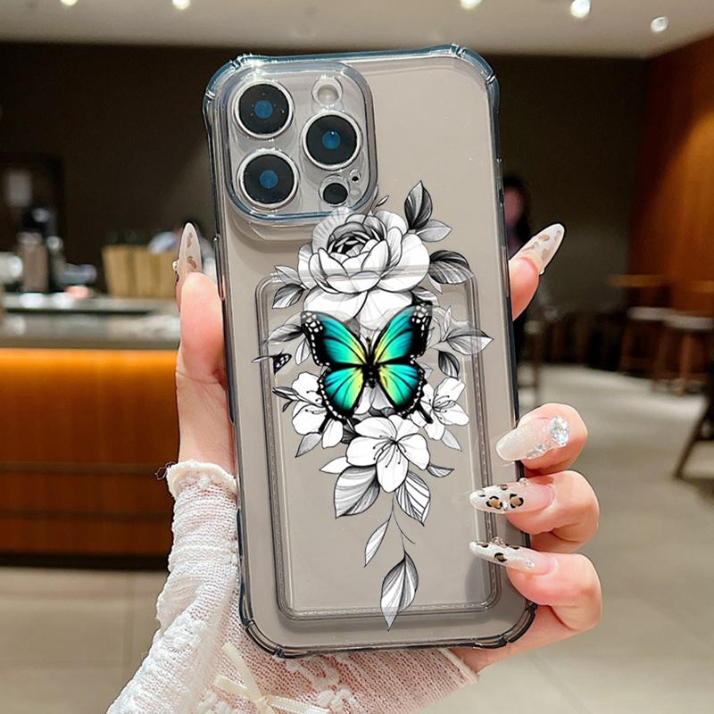 Card Slot Pocket Clear Soft TPU Case For iPhone 17 16 15 14 13 Pro Max 16e 12 Hollow out Butterfly Printed Silicone Phone Cover