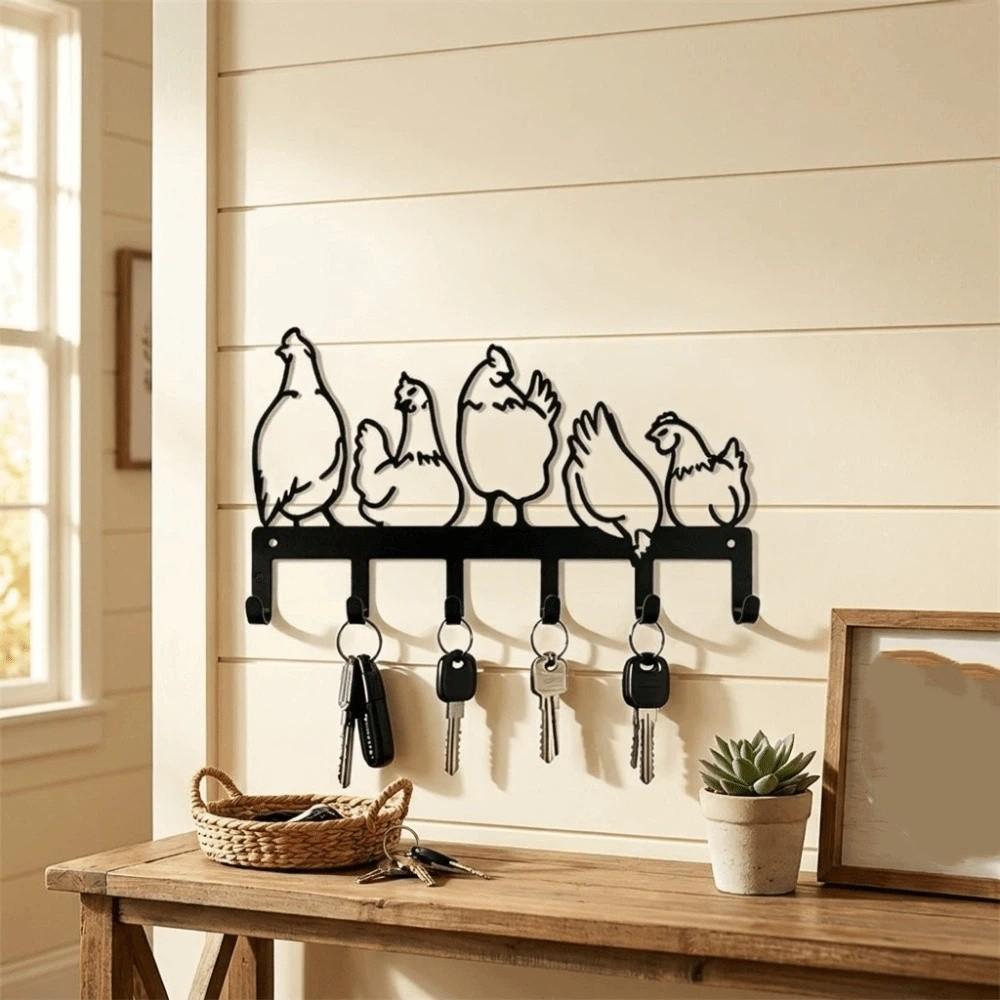 Five Hen Silhouette Wall Hanging Key Holder Vintage Clothes Storage Rack Rural Farmhouse