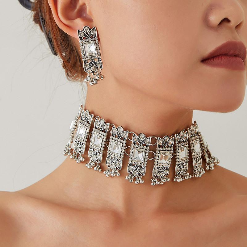 Modisches Retro Edelstein Geometrisches Halsketten- & Ohrring-Set