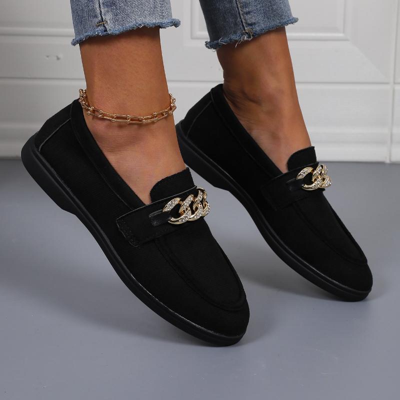Fashion 2025 New Women's Flat Shoes Spring New Round Head Deep Mouth Suede Metal Chain Soft Sole Anti-slip Wear-resistant Single Shoes