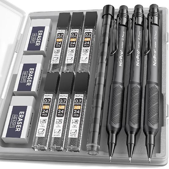 Nicpro HD1000 0.5 mm Art Mechanical Pencil Set in Case, 3 PCS Weatherproof Mechanical Pencils with 6 Tube HB Refills, Eraser, Weatherproof Barrel for
