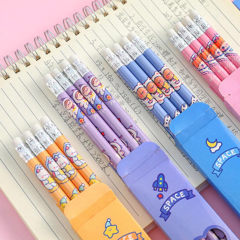Cartoon Astronaut Pencil Set with Erasers - 4-Piece Kids' Drawing and Writing Stationery