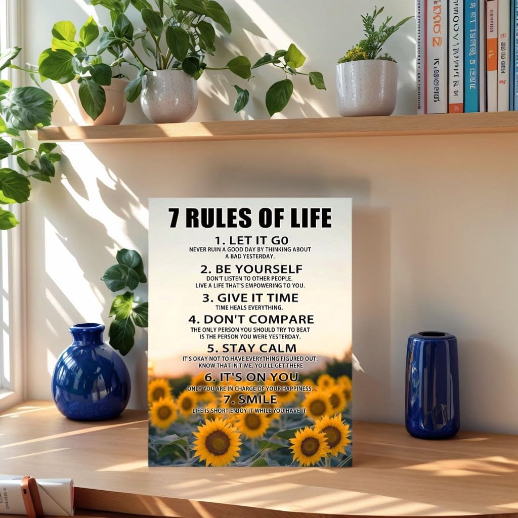 Motivational Wall Decor for Office & Classroom - 7 Rules of Life Pirational Positive Affirmations Wall Art, Sunflowers Uplifting Quotes Canvas