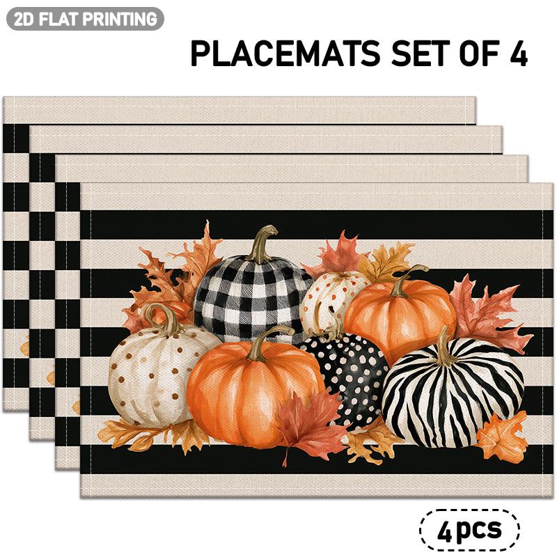 4/6pcs, Autumn Pumpkin And Maple Leaf Pattern Placemats, Black And White Stripes And Plaid Design, Suitable for Indoor/Outdoor Party Restaurant Decor,