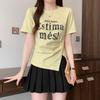 Korean Basic Letter Printed Pullovers Women's Clothing Fashion Folds Irregular Summer Short Sleeve Casual Asymmetrical  T-shirt
