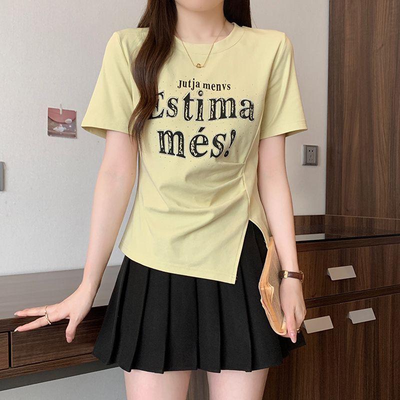 Korean Basic Letter Printed Pullovers Women's Clothing Fashion Folds Irregular Summer Short Sleeve Casual Asymmetrical  T-shirt