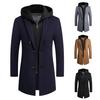 Men Winter Overcoat Fake Two Piece Wool Long Sleeves Mid Length Zipper Warm Formal Plus Size Detachable Hat Winter Coat for Daily Wear