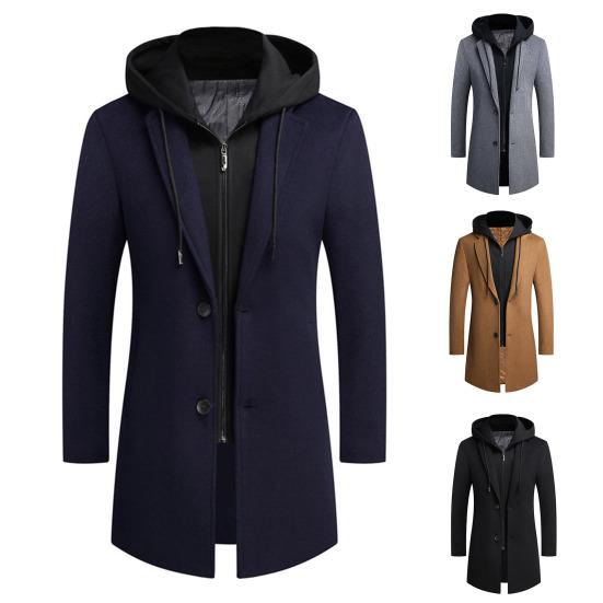Men Winter Overcoat Fake Two Piece Wool Long Sleeves Mid Length Zipper Warm Formal Plus Size Detachable Hat Winter Coat for Daily Wear