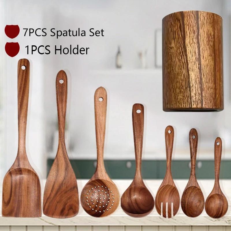WXCOO Natural Teak Wooden Kitchen Spoons Spatula Set Wood Shovel Scoop Nonstick Cooking Food Shovel Utensil