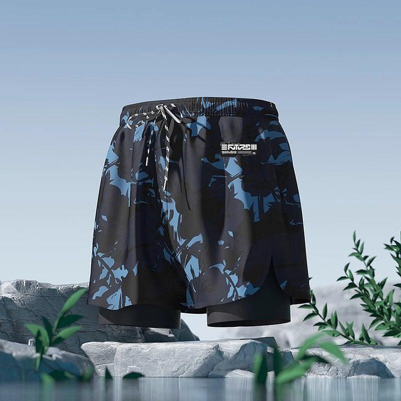 Mens Double-Layered Board Shorts Swim Trunks Quick-Dry Anti-Chafe Flat Front Beach Pool Surfing