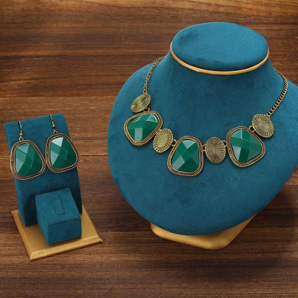 Bohemian Exotic Rhinestone Tassel Necklace & Earrings Set In Antiqued Alloy