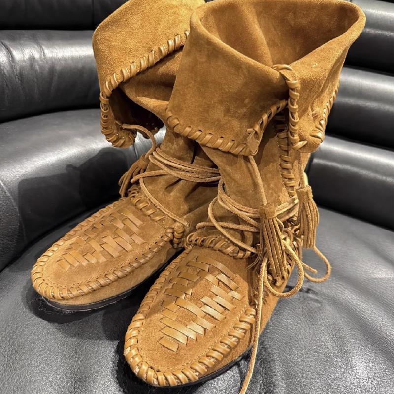 Moda 2025 Nowość Brązowe Z frędzlami Szyte szwem biczowym Zamszowe Kozaki Damskie Okrągły Czubek Skóra Podwyższane Kozaki do Połowy Łydki Letnie Miękkie Buty na Imprezę